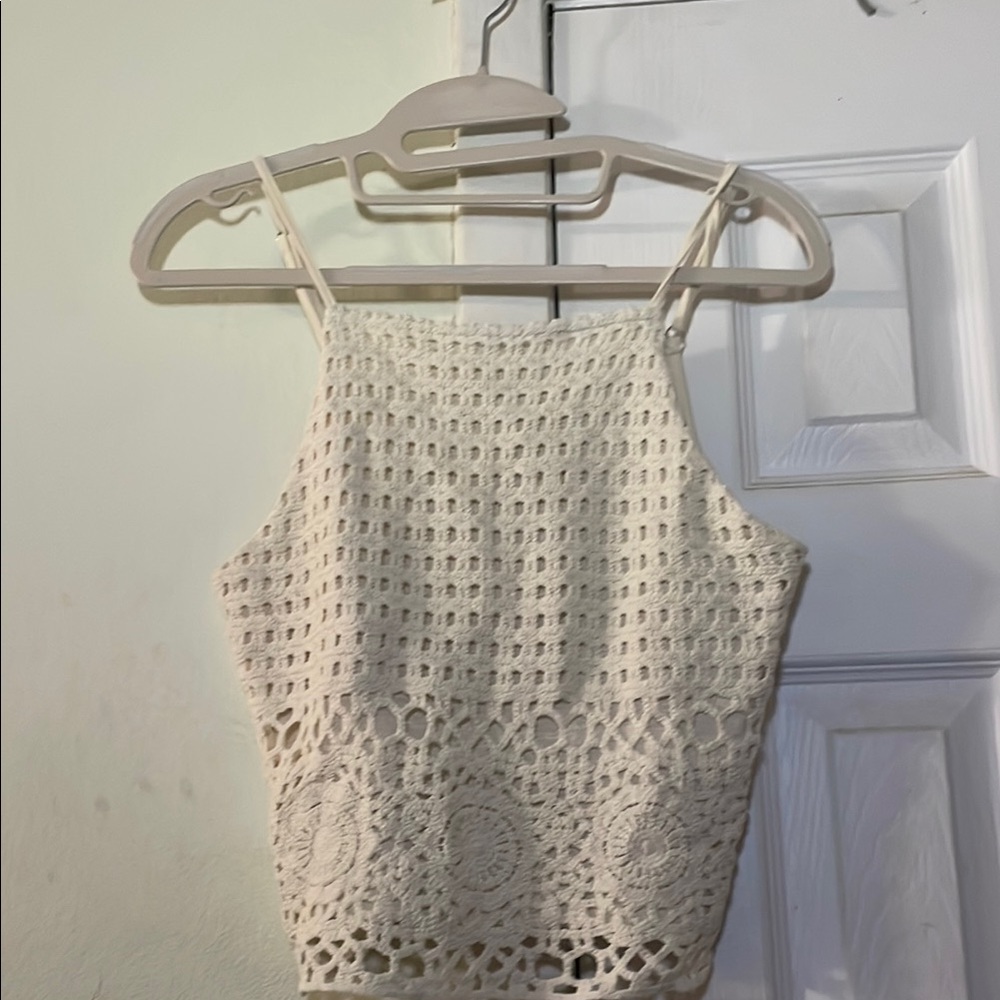 Love on a Hanger Cream Cropped Tank Top with High Neckline and Cut Out Style